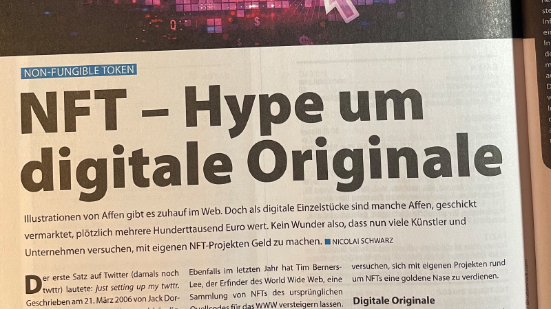 Screenshot eines Artikels: NFT – Hype um digitale Originale